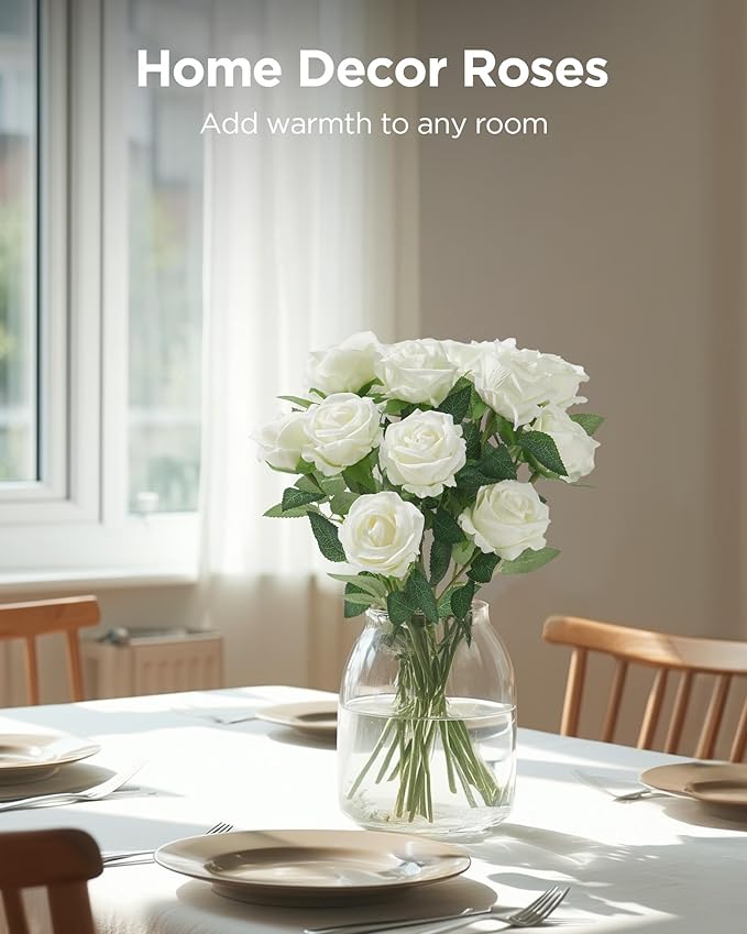 InnoGear 100 Pcs White Roses Artificial Flowers, Fake Velvet Silk Rose Bulk Faux Flower for Decoration DIY Wedding Centerpieces Proposal Bridal Bouquets Shower Party Home Floral Decor (100, White)
