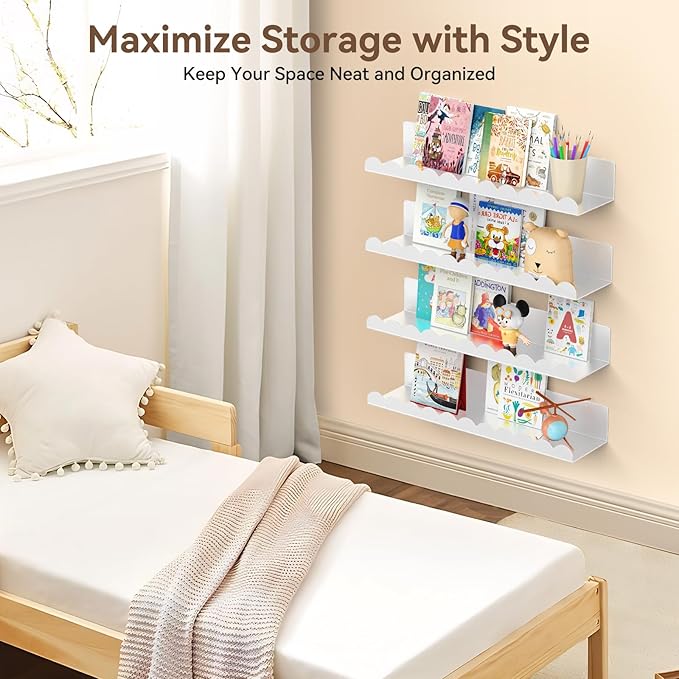 Nursery Book Shelves, 17 Inch Metal Floating Shelves for Wall 4 Pack, Scalloped Shelves, Wall Mounted Book Shelf for Kids Bedroom, Baby Room, Nursery Decor (White)