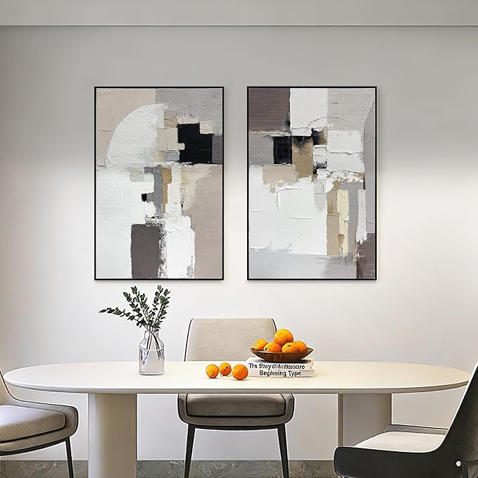 SAFERRYHOME Neutral Abstract Hand Painted Wall Art, 3D Textured Minimalist Framed Canvas Wall Decor, Large Modern Geometric Painting Artwork for Home Office Living Room, 24"x36"x2