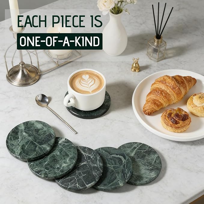 Marble Coasters Set of 6 Green - 4" Round Stone Coasters for Drinks - Luxury Marble Coasters for Coffee Table - Elegant Heat Tolerant Table Decor for Home, Office, Dining, Ideal Housewarming Gift