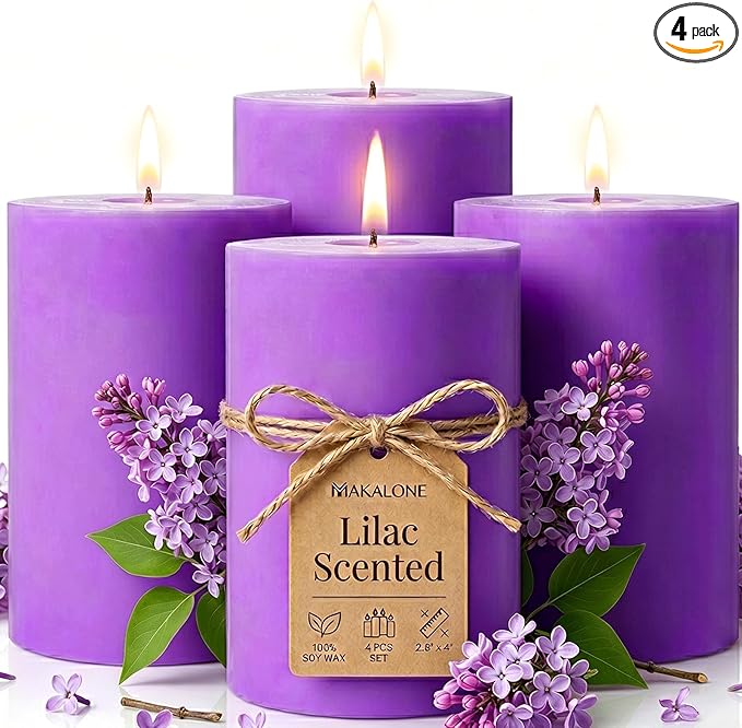 4 Pack Lilac Scented Soy Pillar Candle 2.8x4In,240H Long Burn,Natural Spring Floral Aromatherapy Hand-Poured Candles for Stress Relief,Relaxation & Home Decor,Mother’s Day Gifts,Smokeless & Non-Toxic