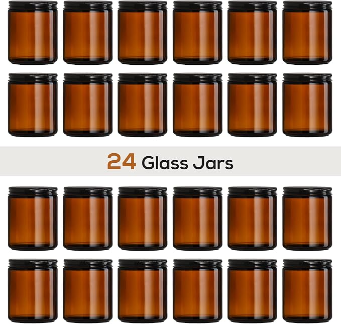 24 Pack, 8 OZ Thick Amber Candle Jars for Making Candle - Round Glass Jars with Lids - Empty Food Storage Containers, Canning/Mason Jar For Spice, Powder, Liquid, Sample - Leakproof & Food Grade