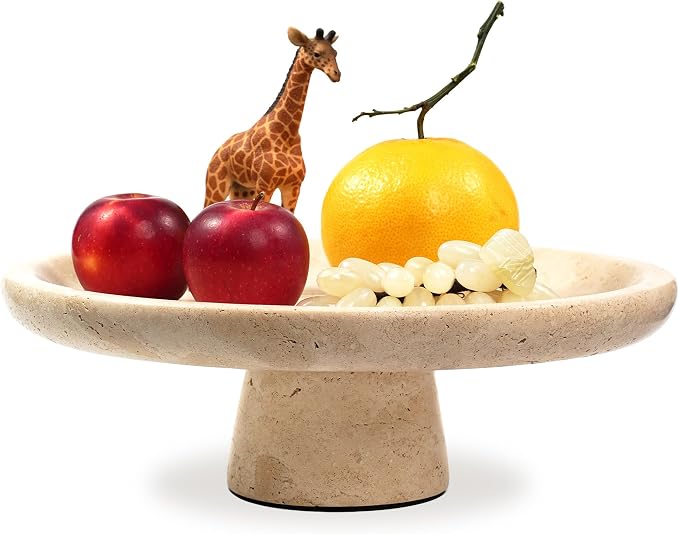Marble Fruit Bowl for Kitchen - 11.8" Travertine Decorative Stone Pedestal Bowls for Home Decor, Footed Fruits Holder For Dining Table Counter Organization