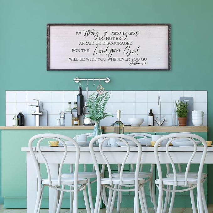 Be Strong And Courageous Sign Wall Decor 32"x12" Large Farmhouse Living Room Plaque Joshua 1:9 Bible Verse Inspirational Quote Positive Faith Home Hanging Rustic Catholic Scripture Christian Art (Black)