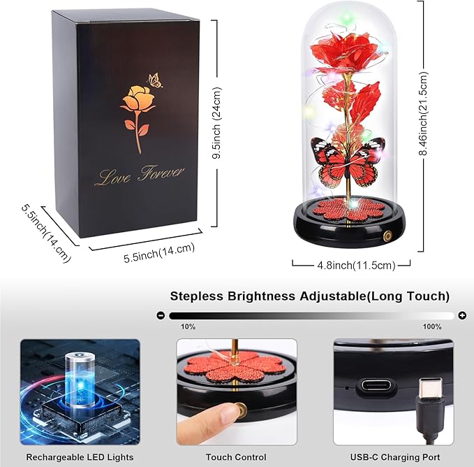 Mothers Day Rose Gifts for Mom Birthday Gift, Rechargeable Galaxy Glass Rose in Glass Dome Eternal Crystal Flower Butterfly Gift Mother's Day Flowers Gifts for Women Mom Wife Grandma Daughter Red