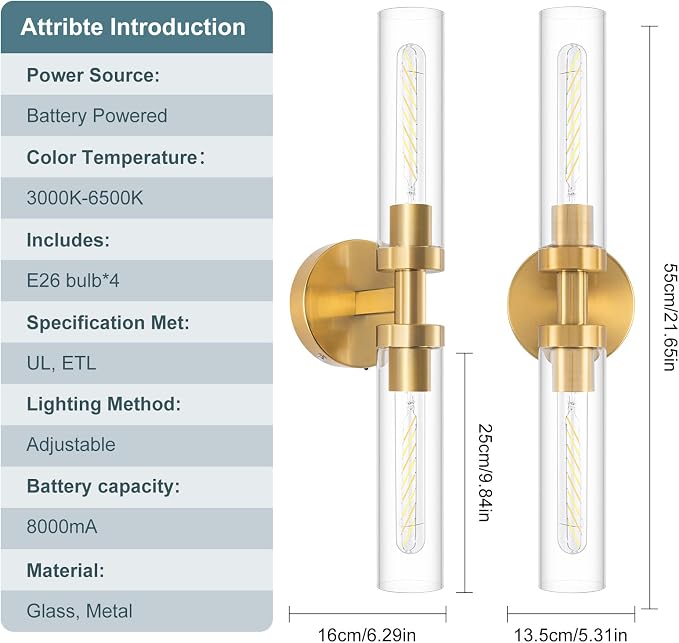 Battery Operated Wall Sconces, Wall Sconce Set of 2, 3000K-6500K Gold Rechargeable Wall Lamp with Remote, Indoor Non-Hardwired Wall Sconce, Modern Vanity Light for Bedroom, Living Room, Aisle