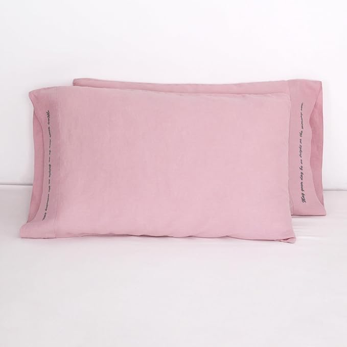 Linen Pillow Cases with Embroidery Design,20"x40" King Size Set of 2,100% French Flax Soft Handmade Linen Pillowcases,Pink Lavender Embroidery