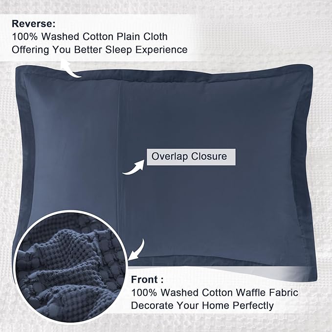 PHF 100% Cotton Ruffle Waffle Pillow Shams King Size, 2 Pack 20" x 36" Soft Skin-Friendly Pillowcases, No Filling, Aesthetic Home Decor, Breathable Waffle Weave Bed Pillow Covers, Indigo