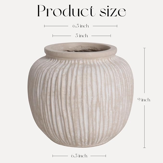 Oakrain Large Rustic Decorative Vase, 9" Distressed Round Floor Vase for Home Decor, Farmhouse Centerpieces Planters for Living Room Indoor Outdoor Use, Vintage White