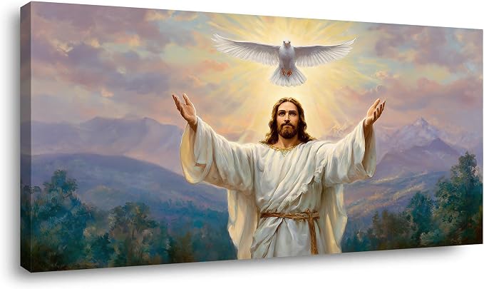 Ggaafet Jesus and Pigeon Wall Art for Living Room Canvas Oil Painting Prints Halo God Universal Love Spiritual Faith Art Deco Classic Artwork Office Bedroom Family Dining Room Decor Extra Large