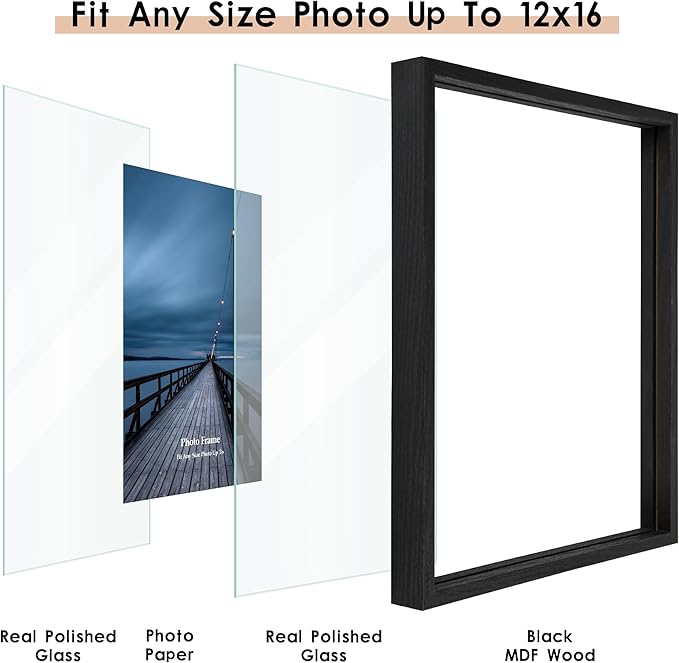 MUYE 12x16 Floating picture Frames Set of 2,Double Glass Frame,Display Any Size Photo up to 12x16,Wall Mount or Tabletop Standing,Black