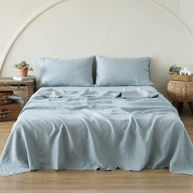 Simple&Opulence 100% French Linen Pillowcase King Size-Set of 2- Washed Solid Color Pillow Cases Embroidered -Soft and Durable (Dusty Blue, 20''x40'')