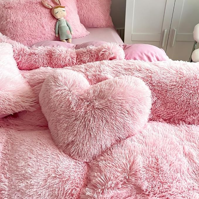 chovy Faux Fur Plush Light Pink Comforter Sets King - Ultra Soft Shaggy Flannel Velvet Fluffy Fuzzy 3PC Bedding Set （Comforter x 1 Pillowcases x 2）