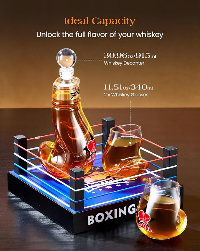Gifts for Men Dad, Kollea Boxing Whiskey Decanter Set, 31 Oz Decanter with 2 Boxing Glove Glasses, Cool Anniversary Birthday Gifts for Men, Brother, Him, Guys, Whiskey Lovers & Boxing Fans - Black