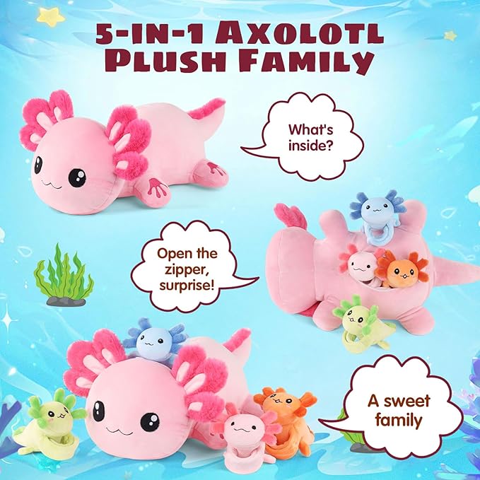5 Pcs Axolotl Plush Toys for Girls Boys, 18.5" Mommy Axolotl Stuffed Animal with 4 Baby Axolotls Inside, Pink Stuffed Axolotl Salamander Plushies Pillow Toys Gift for Kids Easter Christmas Birthday