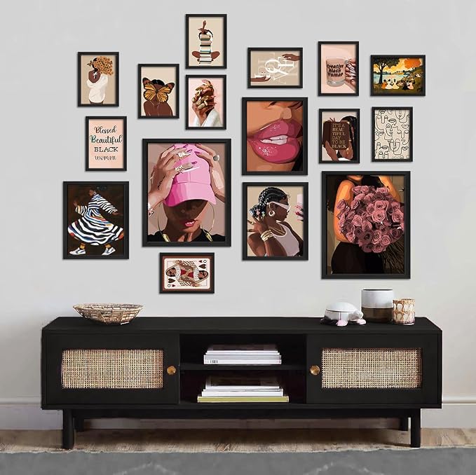 ANERZA 16 PCS Framed Black Girl Wall Art Decor, African American Wall Prints for Bedroom, Black Woman Gallery Wall Frame Set, Black People Posters for Living Room Aesthetic, Collage Kit, Dorm Artwork