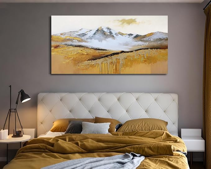 Arjun Textured Mountain Landscape Canvas Wall Art Large 48"x24"- Gold Peak & Misty Valley Painting, Golden Drip Artwork Framed Picture Prints for Living Room Bedroom Home Office Wall Decor