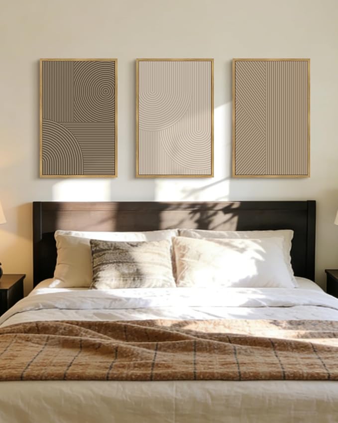 PHOPAGO Boho Mid-Century Modern Framed Wall Art Large 16x24in Minimalist Abstract Neutral Line Wall Decor Bohemain Geometric Artwork Bedroom Home Office - Natural Framed