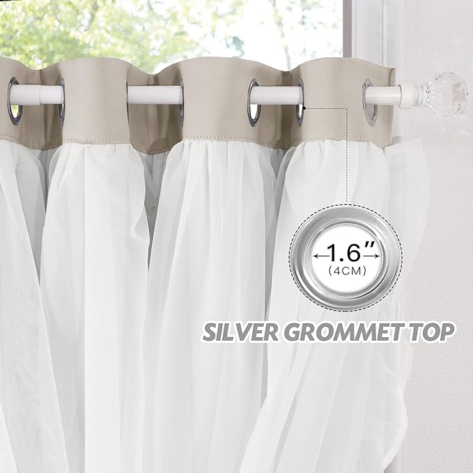 PONY DANCE Girls Curtains for Bedroom Decorative Drapes for Kids Double Layer Curtain Ruffle Sheer Overlay Room Darkening Pretty Chic Princess, 52x84 inch, Cream, 2 PCs