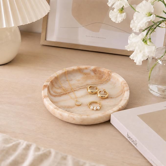Small Natural Marble Jewelry Tray Key Plate Holder Dish Trinket Decor Catch All Bowl for Ring Earring Stone Gift for Women Daugther,Calacatta Glod,5.5"