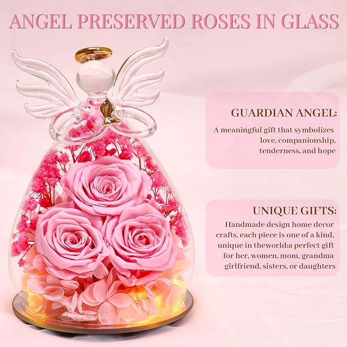 Beferr Mothers Day Mom Birthday Gifts for Women, Fresh Flowers for Delivery Forever Preserved Rose in Glass Angel Figurine, Anniversary Christian Real Rose for Grandma Nana Wife Mum from Daughter Son