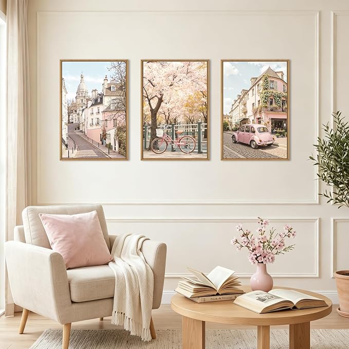 Italy Pink Cityscape Framed Canvas Wall Art Set, Romantic Flower Street Wall Decor, Vintage Travel City Wall Painting, Italian Pink Bike Art Prints for Living Room, Bedroom, Office - 16"X24"X3