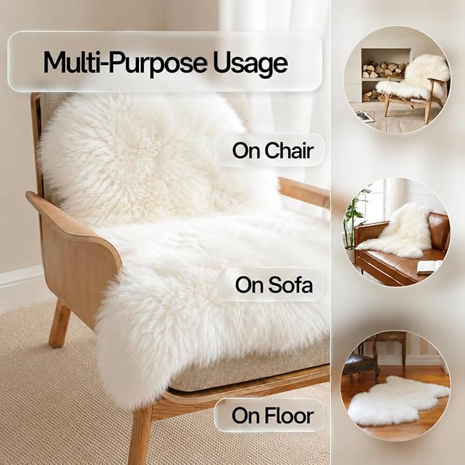 Genuine Sheepskin Rug – New Zealand Sheep Skin Fluffy Soft Single Pelt Lambskin for Bdroom, Living Room, Sofa, Chair, Bedside – Natural Ivory White Area Rug (2 x 3 ft)