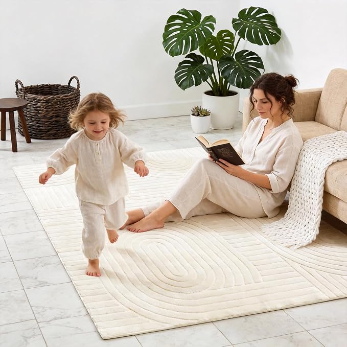 Beige 5x7 Solid Color Area Rug, Washable Rugs for Living Room Bedroom | Ultra Soft Plush Boho High-Low Pile Texture Indoor Carpet, Fluffy, Non-Slip Rugs for Bedside, Kids Room, Nursery, Home Office