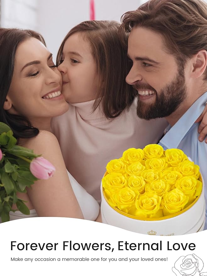 16 Preserved Roses Forever Flowers Real Roses in a Box Mother's Day Birthday Flowers for Her Mom Women Wife Valentine's Day, Yellow Roses