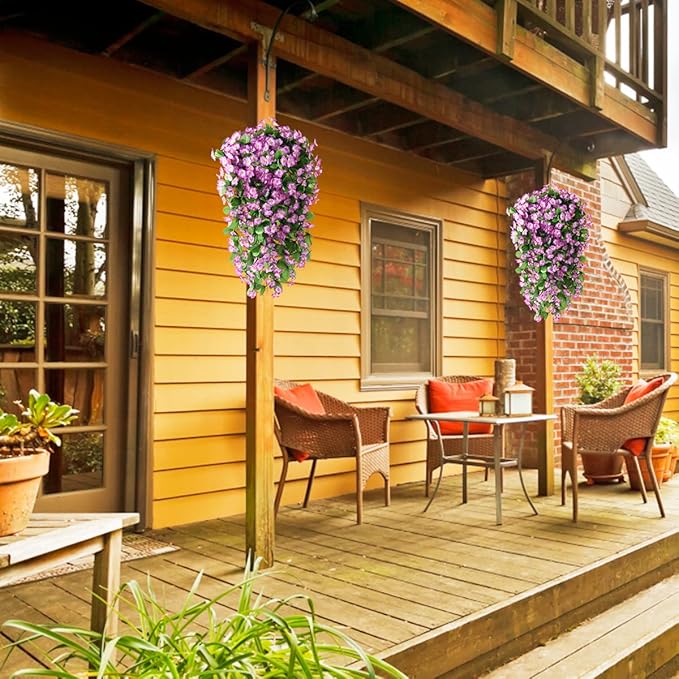ZFProcess Artificial Fake Hanging Flowers Plants for Outdoor Spring Decoration, 2PCS Faux Silk Violet UV Resistant Look Real Trailing Vines for Outside Home Planter Porch Patio(Violet)