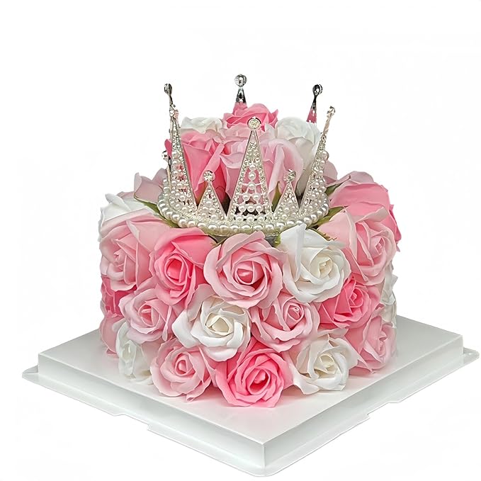 EIGHTOWN Forever Cake with Pink Preserved Flowers - Bouquet Preserved Roses for Women - Birthday Gift for Her with Crown (Pink)