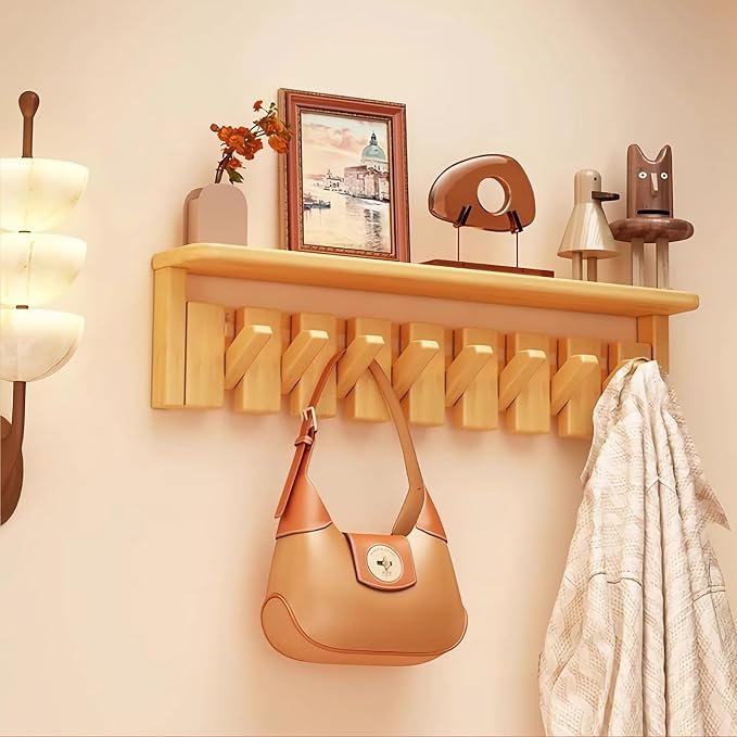 Wall Mounted Coat RackHooks Piano Key Hangers Natural Solid Wood Hanger Non-Woven Fabric Clothes Hangers for Closet, Kitchen, Bedroom, Bathroom, Entryway (Tray-Beech, 8 Hooks)