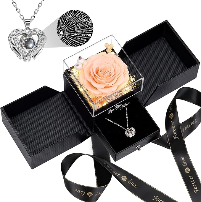 FIACO Gifts for Mom Preserved Real Roses with I Love You Necklace Fresh Forever Flowers Mothers Day Flower Gifts for Women Grandma Anniversary Birthday Gift for Girlfriend Wife Daughter