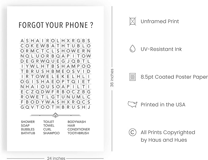 HAUS AND HUES Funny Bathroom Wall Art – Word Search Print, Unframed Bathroom Decor for Kids or Guests, Fun Powder Room or Restroom Sign (24x36, Unframed)