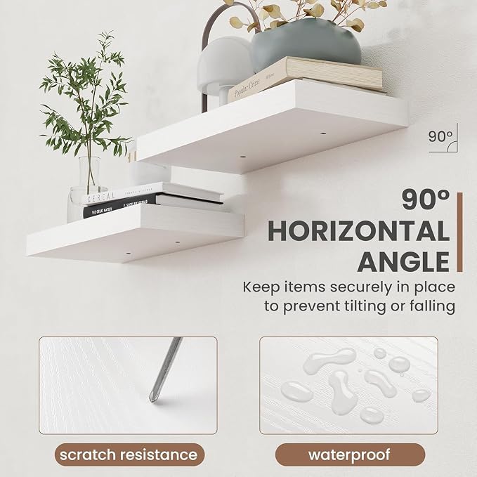 Acovy 48 Inch Floating Shelves, 8 Inch Deep Floating Shelves for Wall, Hanging Shelf with Invisible Brackets, Deep Shelves for Bathroom, Bedroom, Living Room, White, Set of 2