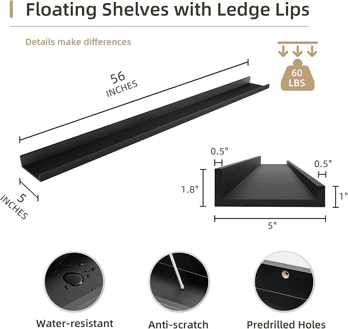 Acovy Picture Ledge Shelf, Wood Long Floating, Set of 2, 56 inch, Black | Wall Mounted, For Living Room Kids' Room Bedroom, Photo Ledge Nursery Book Shelves