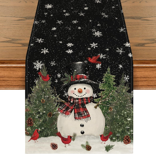 Artoid Mode Snowman Birds Trees Christmas Table Runner, Seasonal Black Winter Holiday Kitchen Dining Table Decoration for Home Party Decor 13 x36 Inch