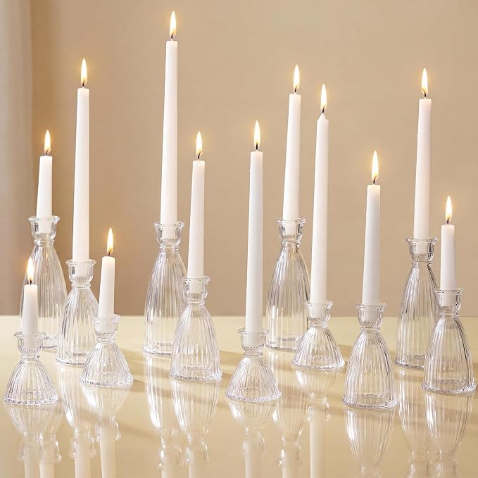 Mumufy 12 Pack Glass Candlestick Holders(3.5", 5.8", 7.9") – Bulk Set of Vintage Clear Tapered Striped Candle Holders for Candlesticks, Banquets, Events, and Festive Parties(Clear)