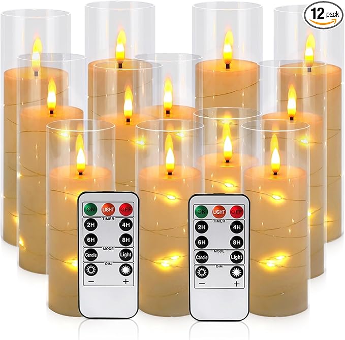 12 Pack Acrylic Flameless Candles,with Embedded Star String, Battery Operated Candles Flickering LED Pillar Candles with Remote Control and Timer, Ideal for Indoor/Outdoor Decor,Wedding,BBQ and Gift.