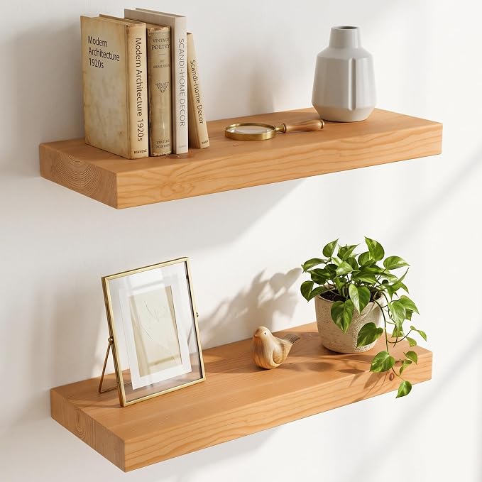 20 inch Floating Shelves for Wall, High End Solid Real Wood Floating Shelf with Heavy Duty Invisible Bracket 20in Long Wooden Wall Shelves for Living Room, Bedroom, Kitchen, Bathroom, Set of 2,Natural