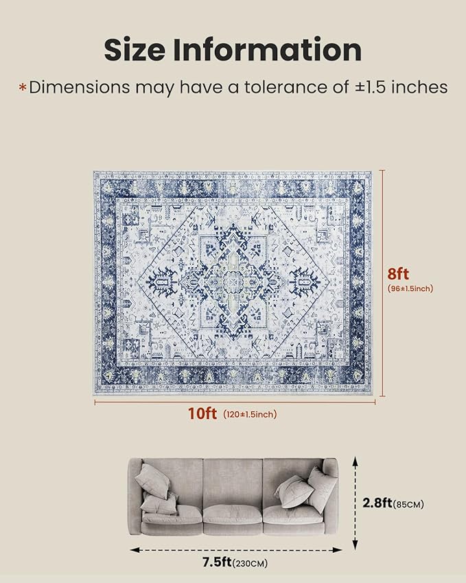 AMADA HOMEFURNISHING 8x10 Area Rugs, Low-Profile Large Washable Area Rug with Non-Slip Backing & Durable Edge Binding, Vintage Rugs for Living Room, Bedroom, Dinning Room
