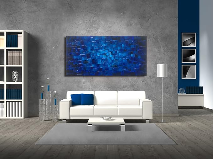 MyArton Large Abstract Dark Blue Square Wall Art Hand Painted Textured Oil Painting on Canvas Ready To Hang 60x30inch