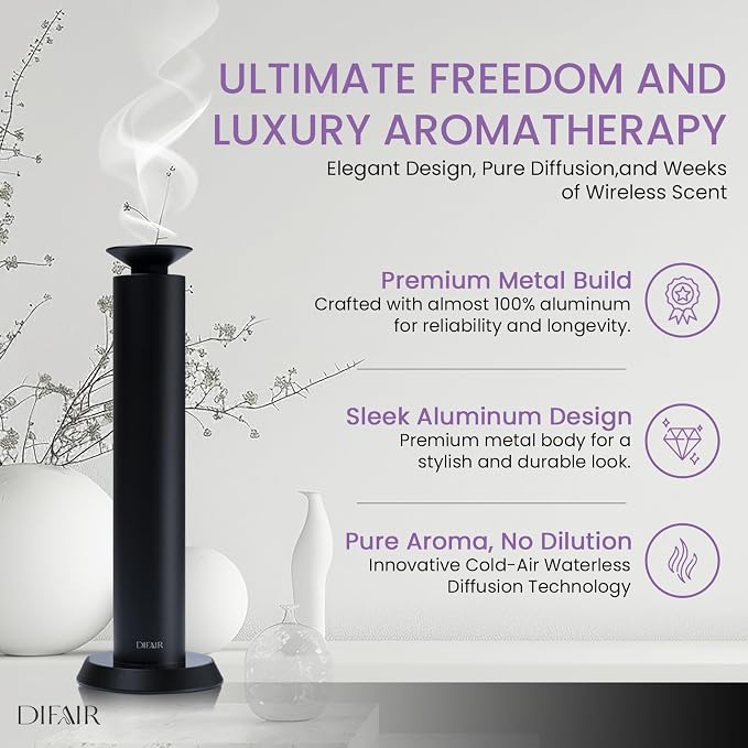 Luxury Aroma Diffuser - Cordless Essential Oil Nebulizer, Long Lasting Battery, Waterless, Rechargeable - Portable Aromatherapy Air Freshener Machine Collection for Home, Office, Hotel (Black)