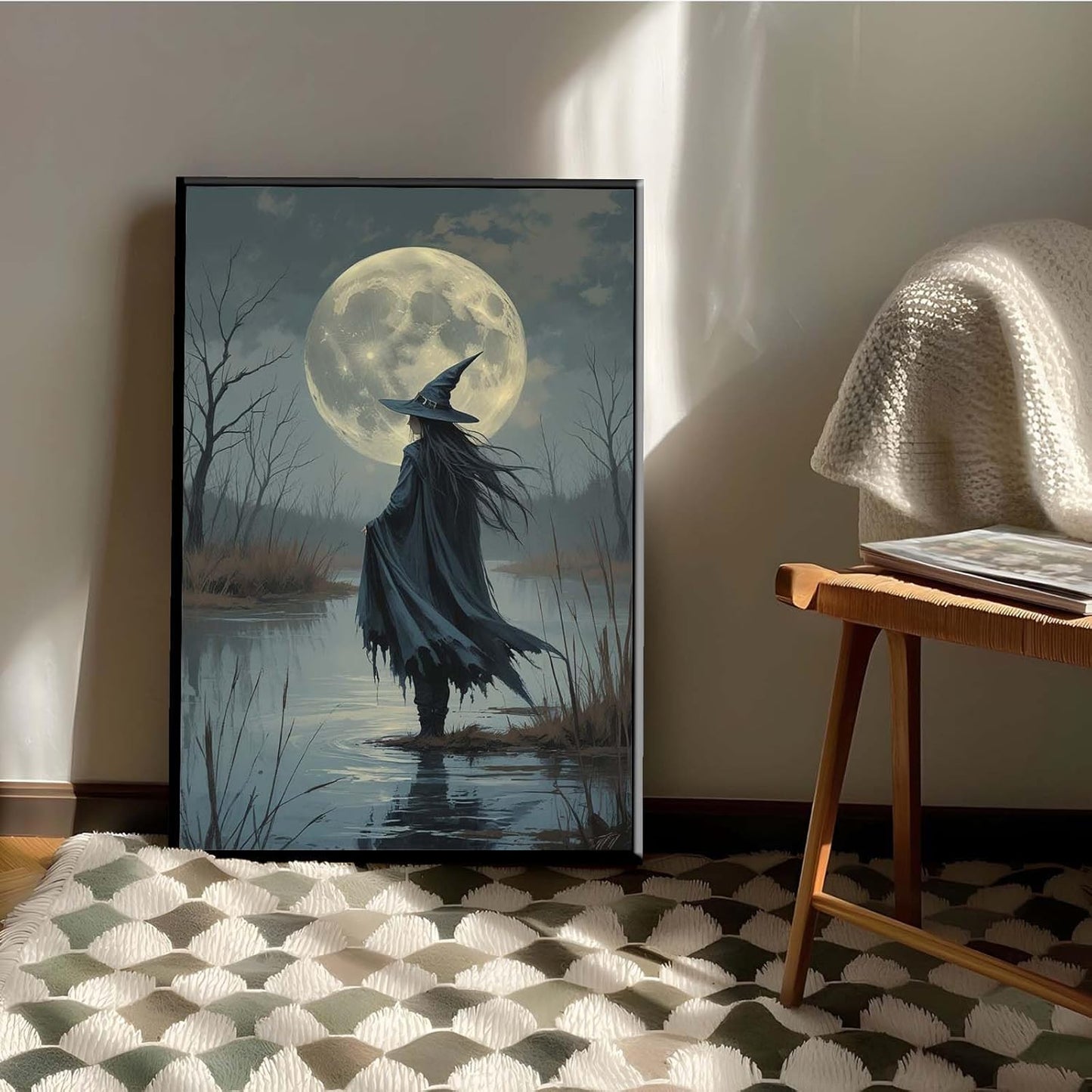 JFHCQJPK Witch in the moonlight magic canvas wall art enchanting Halloween home decor swamp witch silhouette oil painting mysterious gothic aesthetic wall decor print poster12x16in Metal blackFramed
