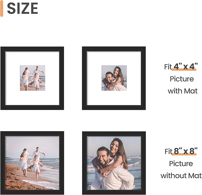 upsimples 8x8 Picture Frame Set of 10, Display Pictures 4x4 with Mat or 8x8 Without, Multi Photo Frames Collage for Wall or Tabletop Display, Black