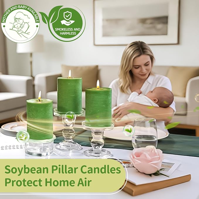 6 Pack Moss Green Soy Pillar Candles, 2.8x4in - 330H Total Burn Time - Rustic Textured Natural Wax - Non-Toxic, Dripless & Smokeless Hand-Poured Candles for Spring Home Decor, Dinner Table, Wedding