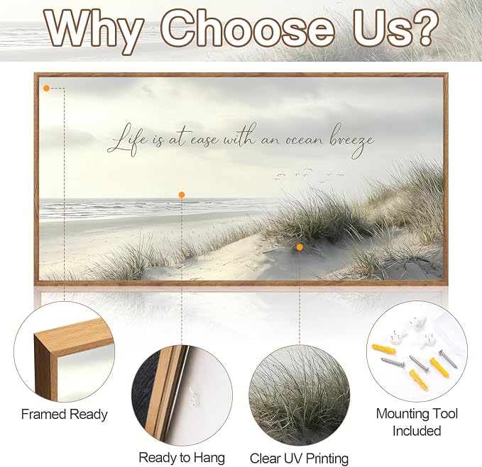 CHDITB Coastal Beach Landscape Wall Art Framed, Neutral Boho Pampus Grass Beachy Scenery Canvas Artwork, Large Nautical Ocean Waves Seascape Cozy Relaxing Calming Quotes Painting Decor for Bedroom Office (40"L x 20"W)