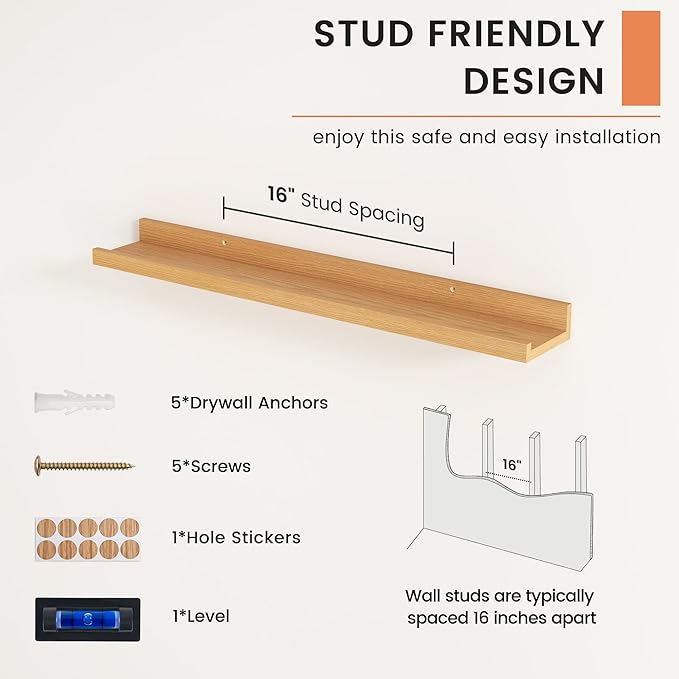 FLYJOE Picture Ledge Shelf, Floating Shelves Set of 2, 30 Inches Nursery Book Shelves for Toys Storage, Kids Bookshelf Wall Mounted for Living Room Bedroom Decor Books Photo Frames, Natural Oak