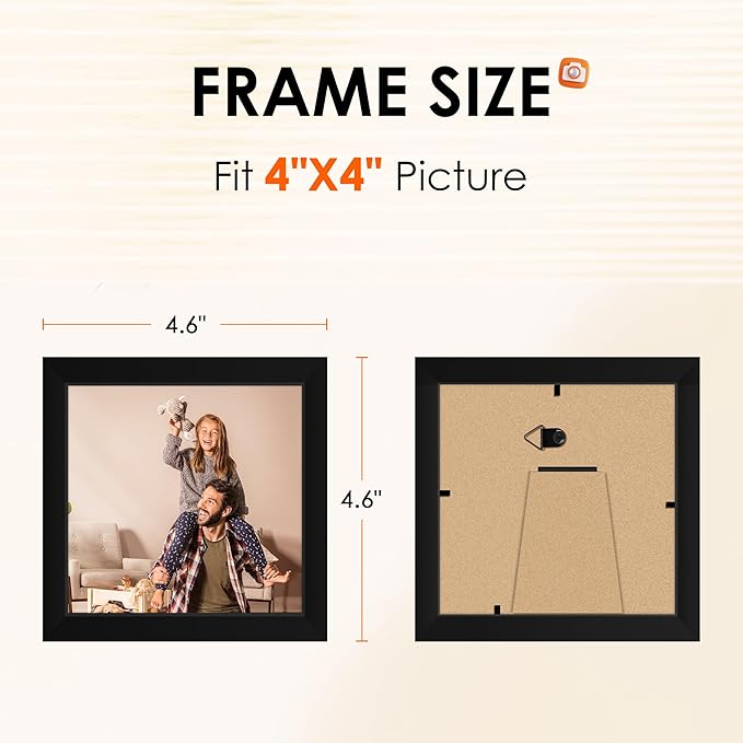 FIXSMITH 4x4 Picture Frame Set of 2, 4x4 Photo Frames with HD Plexiglass for Wall Hanging or Tabletop Display, Black