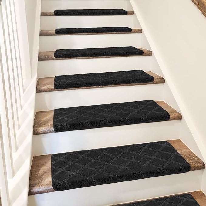 PURE ERA Bullnose Carpet Stair Treads Tape Free Non-Slip Indoor Stair Protectors Pet Friendly Stair Treads for Wooden Steps 9.5" x 30"(7 Pieces,Black Diamond Trellis)